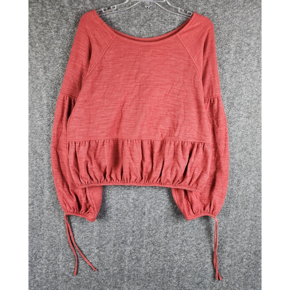 Aerie Top Womens Large Peplum Waffle Knit Rust Red Long Sleeve Balloon EUC